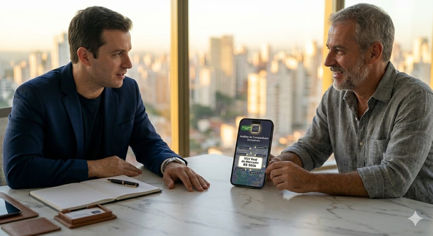 Dois corretores em reunião analisando dados do MISP no celular